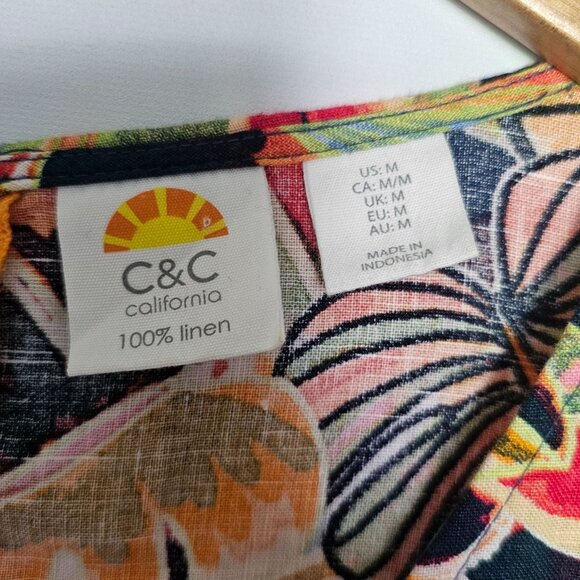 C&C California Linen Dress Size M Tropical Floral Sleeveless Multicolor Pockets - Picture 4 of 13